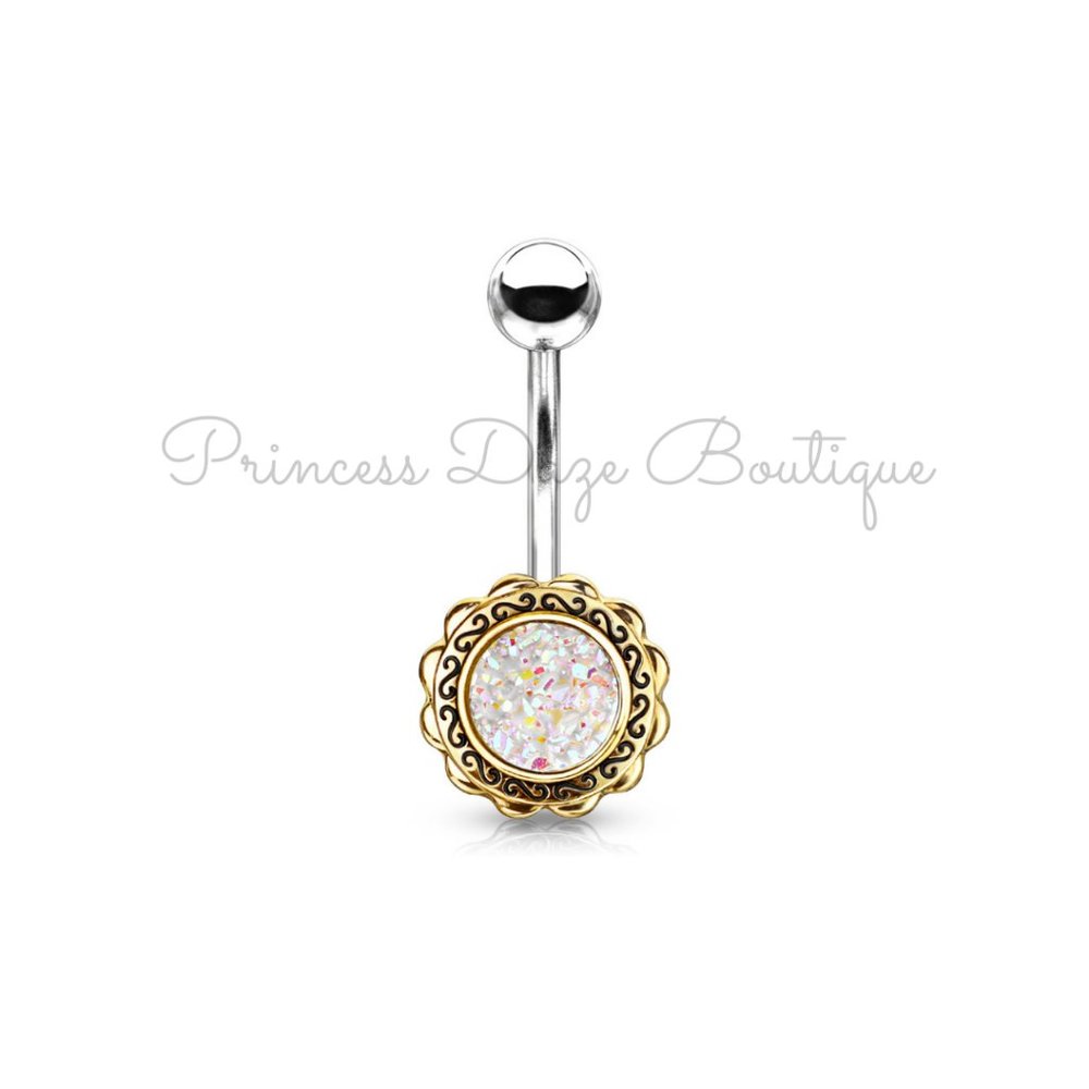 Gold Filigree Flower White Druzy Stone‎ Belly Button Ring